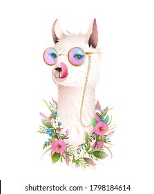 Hippie Lama in flowers licking its lips wearing hipster sunglasses and smiling. Cool and funny t shirt and other apparel design. Vector animal realistic modern trendy design, fun and artistic style.