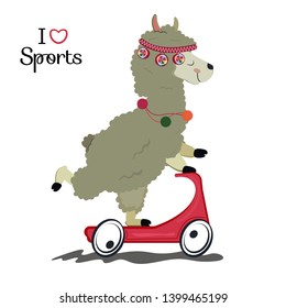 Hippie Lama rides an electric scooter. I like sport. Illustration in cartoon style
