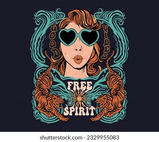 Design des Hippie-Life-Prints, Retro-Vintage-Grafik-Design für Frauen T-Shirt, Aufkleber, Druck, gute Vibes Typografie, freier Geist, Pop-Girl-Gesicht, Tigergrafik 