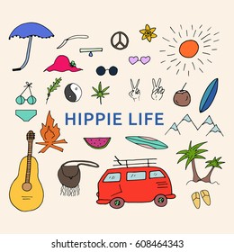 Hippie lifestyle hand drawn icons. Vector doodle elements.