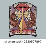 hippie lifestyle retro vintage graphic print design, tiger with lips vector illustration, free spirit typography, pop vintage artwork print for t shirt, sticker, poster, 