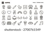 Hippie line icon set. Vector editable stroke icon.