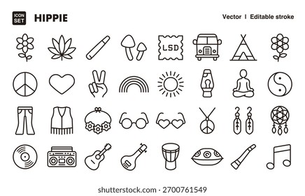 Conjunto de iconos de línea hippie. Vector icono de trazo editable.