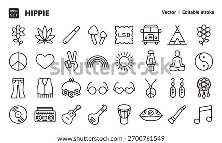 Hippie line icon set. Vector editable stroke icon.