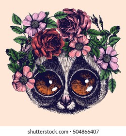 Hippie loris in the roses wreath. Chic animal portrait. Fashion vector illustration for your blog, logo and other design.