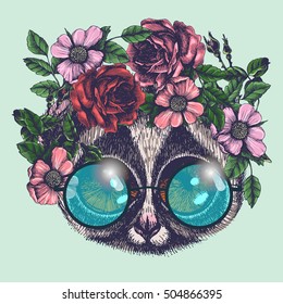 Hippie loris in the roses wreath and round sunglasses. Chic animal portrait. Fashion vector illustration for your blog, logo and other design.