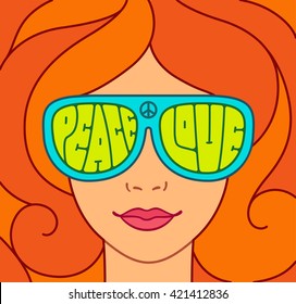 Hippie Love and Peace illustration. Beautiful red hair girl with sunglasses. Retro typography.