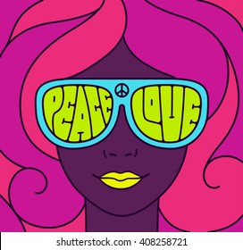 Hippie Love and Peace poster. Retro style typography, pretty girl in neon colors. Groovy vintage illustration.