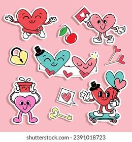 Hippie Love set Sticker for Valentine's Day. Trend of the 60s, 90s. Comic character happy heart. Vector illustration on a pink background
