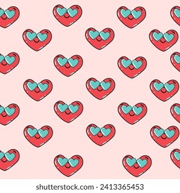 Hippie Love Sticker with blue sunglasses on a pink background seamless pattern. Trend of the 60s, 90s. Comic character happy heart. Vector illustration