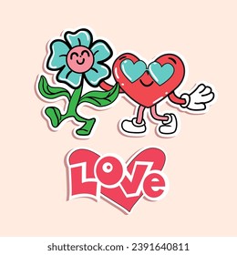 Hippie Love Sticker and funny flower for Valentine's Day. Trend of the 60s, 90s. Comic character happy heart. Vector illustration