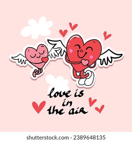 Hippie Love Sticker for Valentine's Day. Trend of the 60s, 90s. Comic character two happy loving hearts. Vector illustration