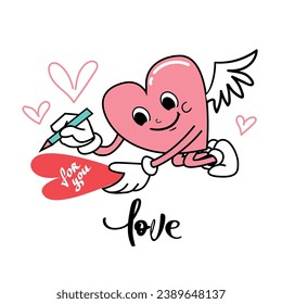 Hippie Love Sticker for Valentine's Day. Trend of the 60s, 90s. Comic character happy heart writes an inscription for you. Vector illustration
