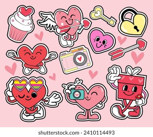 Colección Hippie Love Stickers para San Valentín. Tendencia de los años 60, 90. Carácter cómico de corazón feliz. Ilustración vectorial en un fondo rosa