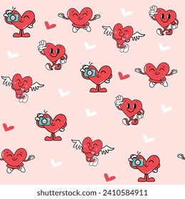 Pegatinas de amor hippie en un fondo rosado sin fisuras. Tendencia de los años 60, 90. Corazones felices de personajes cómicos. Estilo de doodle de ilustración de vector