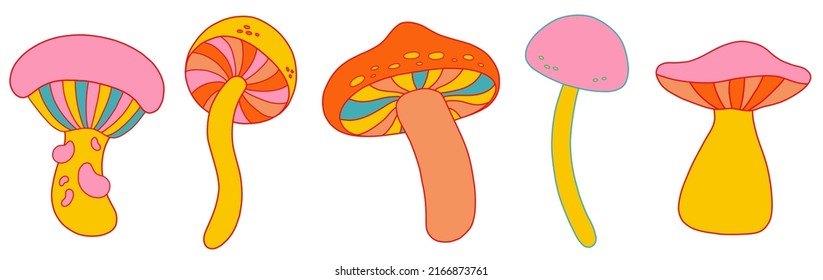Hippie magic mushrooms set, retro 1970 vibe. Vector illustration