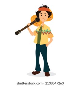 A hippie male character holding a guitar cartoon vector isolated from a white background