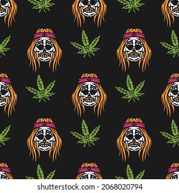 hippie male skull and cannabis leaf character seamless pattern on black background