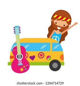 hippie man cartoon van car and guitar