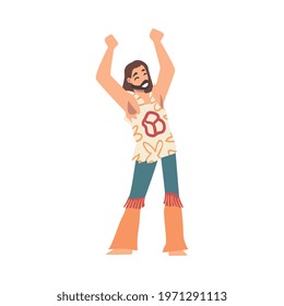 Hippie Man Character, Happy Bearded Man Wearing Retro Style Clothing of 60 or 70s Cartoon Vector Illustration