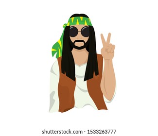 Hippie Man Fashion with Peace Hand Sign Symbol Illustration