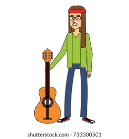 hippie man with long hair playing guitar