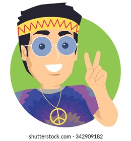 Hippie Man making Peace Sign