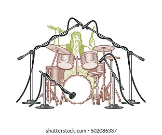 Hippie man playing drums with microphones set up.