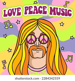 Hippie man in round sunglasses with a symbol of peace, vector illustration in the style of the 70s. Vector colorful background in pop art retro comic style. Symbol pacifism and freedom. 