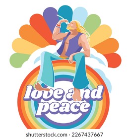 hippie man sitting on a rainbow with a flower. Peace and love lifestyle concept. Groovy. Vector flat illustration. Isolated on white background.