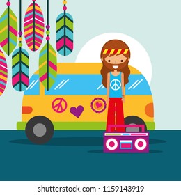 hippie man with van and radio musical retro