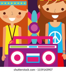 hippie man and woman flower and radio retro free spirit
