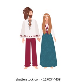 Hippie man and woman with long hair dressed in loose ethnic clothes standing together and holding hands. Male and female cartoon characters isolated on white background. Colored vector illustration.