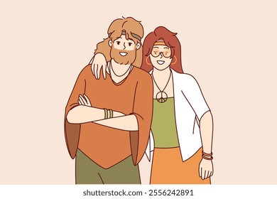 Hippie man and woman stand in embrace and smile, rejoicing at presence of free youth subculture. Two hippies with pacific symbol on necks call for informal lifestyle and to be non-conformist