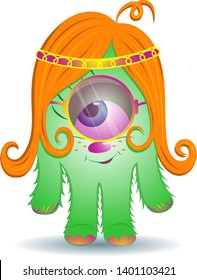 Hippie monster green with orange hair in pink glasses. Cute and kind cartoon character.