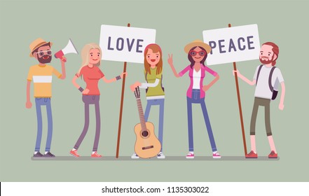 Hippie movement demonstration. Youth subculture rejects social customs, young happy people with hippy appearance, having long hair holding love, peace placards. Vector flat style cartoon illustration