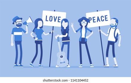 Hippie movement demonstration. Youth subculture rejects social customs, young happy people with hippy appearance, long hair holding love, peace placards. Vector illustration, faceless characters