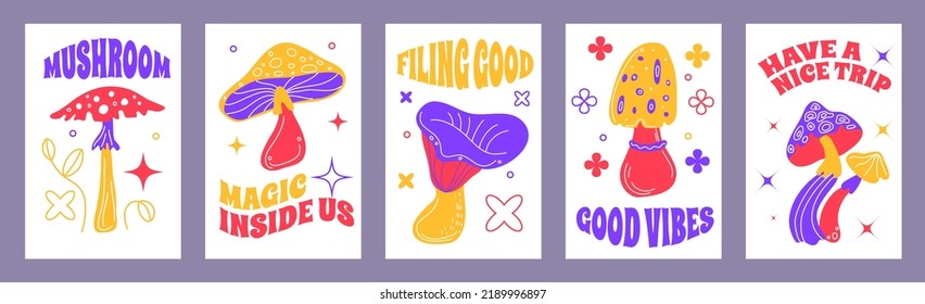 Hippie mushroom posters. Hallucinogen hippie organic food, peace and happiness, distorted forms, 60s retro culture cards, trippy groovy phrases, vertical banner, swanky vector set