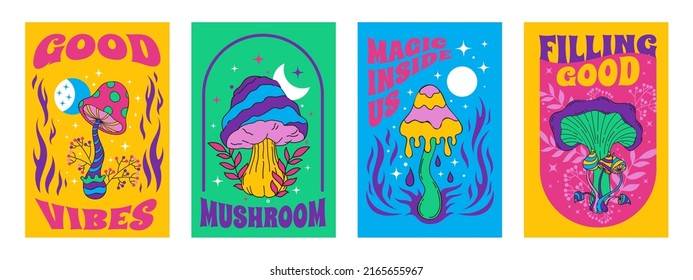 Hippie mushroom posters. Psychedelic acid trip groovy print with colored amanita and toadstool. Vector dreamy retro banners set. Hallucinogenic bright forest plants with text. Good vibes