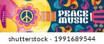 Hippie music cartoon banner with acoustic guitar and peace symbol on colorful ornate psychedelic background. Rock-n-roll hippy musical disco party, pop concert, festival live event Vector retro design