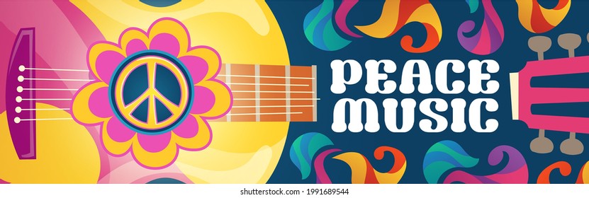 Hippie music cartoon banner with acoustic guitar and peace symbol on colorful ornate psychedelic background. Rock-n-roll hippy musical disco party, pop concert, festival live event Vector retro design