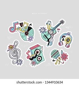 Hippie Music Doodle Stickers Set. Rock N Roll Cartoon Illustrations. Disco Party Sketch Patches. Guitar, Headphones, Treble Clef. Musical Festival, Concert, Event Poster Hand Drawn Design Elements