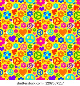 Hippie ornate background. Colorful seamless pattern with many object. Vector illustration