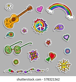 Hippie paper stickers -  vector set. Hand drawn cartoon symbols of hippy