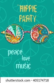 Hippie party poster. Hippy background with sun glasses. Gypsy ornamental design. Pacifism pattern. Illustration in zentangle style.