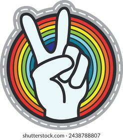 Hippie patch. Peace finger gesture on colorful circle