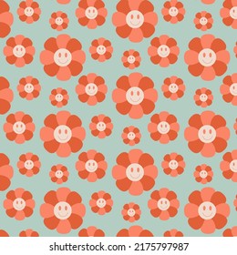 Hippie pattern 1970. daisies with faces. vector