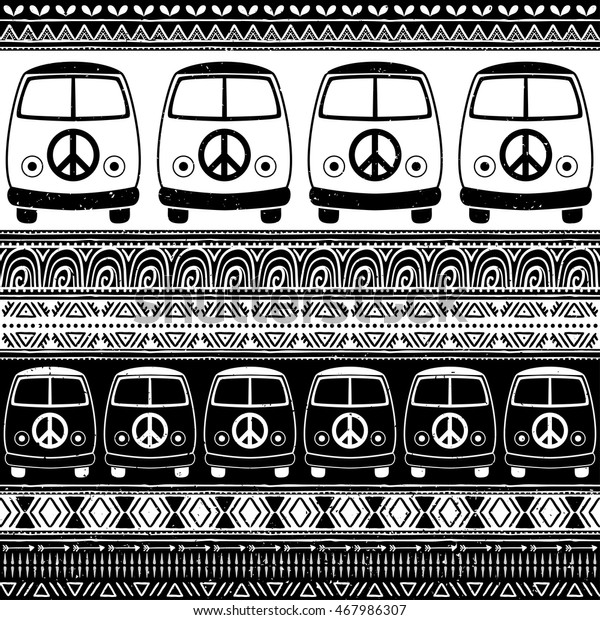Hippie pattern car a mini van color vector
illustration. Retro 1960s, 60s,
70s

