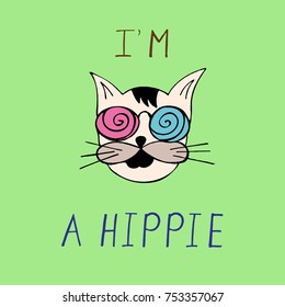 I am a Hippie. Pattern in vintage style with a cat in glasses. 