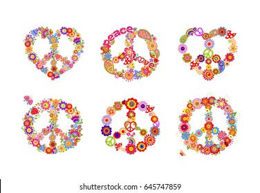 Hippie peace flowers symbols collection